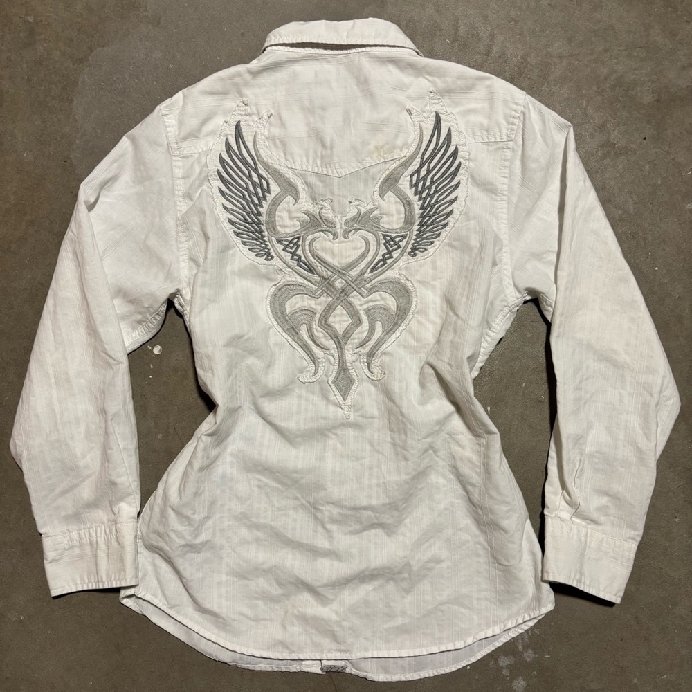 White Button Up Shirt Embroidered Winged Design Vintage